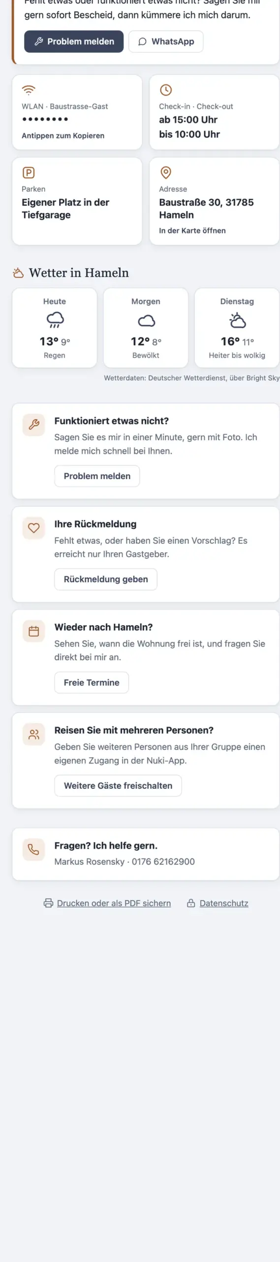 Digitale Gästemappe auf dem Handy: Begrüßung, WLAN, Check-in-Zeiten, Parken, Adresse, Wetter in Hameln und Kontakt zum Gastgeber
